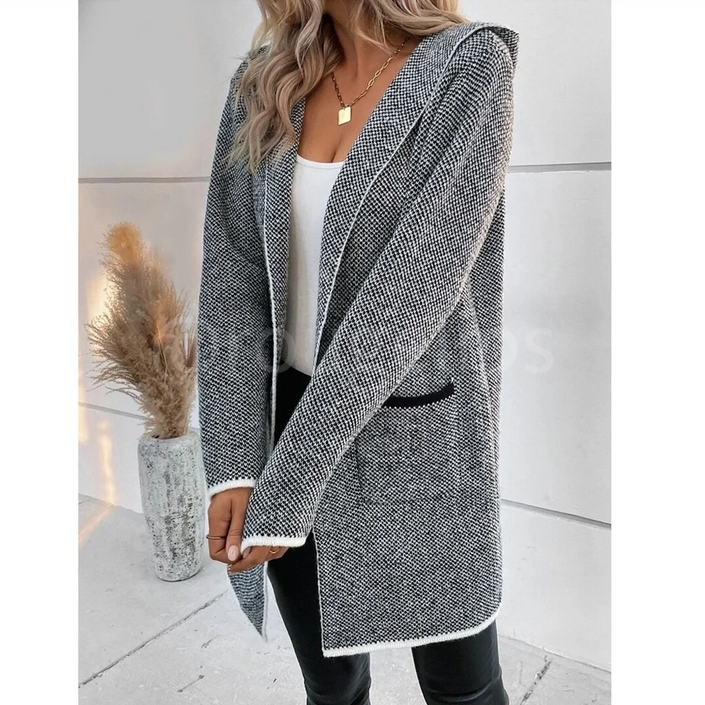 Hooded Knit Grey Open Cardigan Long Sleeves Hip Length w/ Pockets - Picture 6 of 7